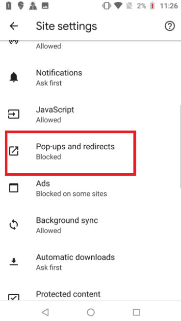 Tap on Pop ups and redirect on the Site settings page