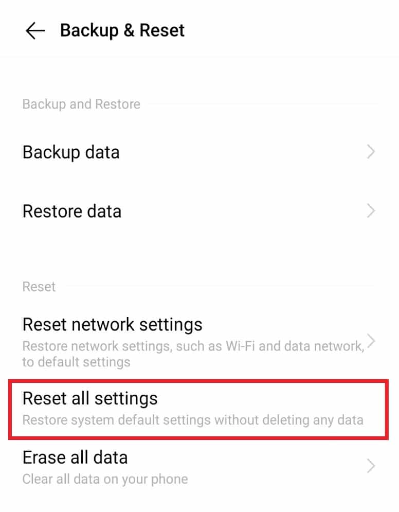 Tap on reset all settings