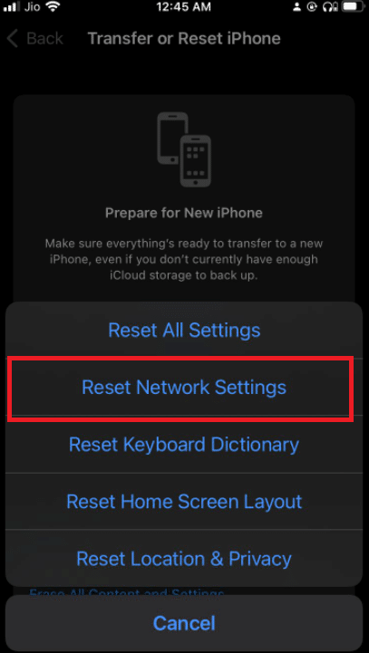 Tap on Reset Network Settings. Fix Verification Failed Error Connecting to Apple ID Server
