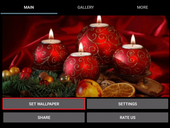 puudutage Androidi rakenduses Christmas Candle 3D Wallpaper taustapildi määramise nuppu