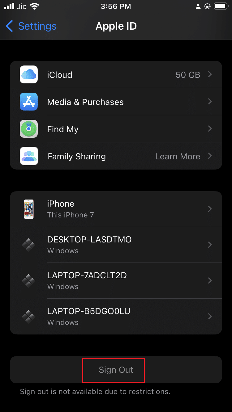 tap on sign out option in Apple ID profile menu iphone