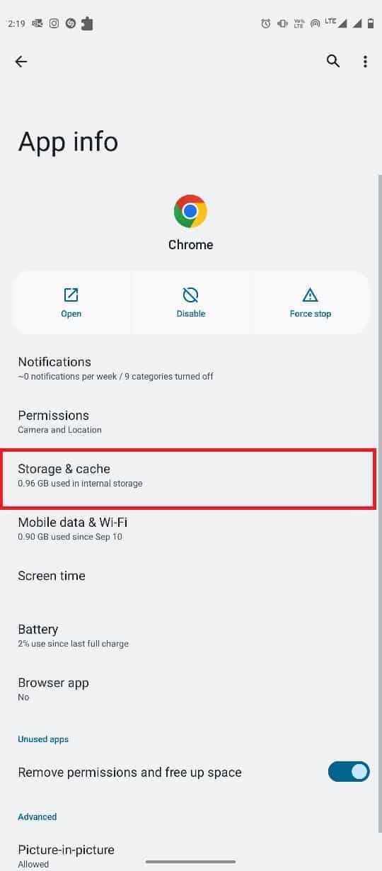 tap on Storage and cache