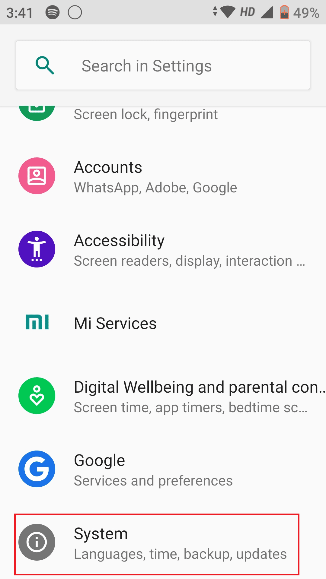 tap on system in settings