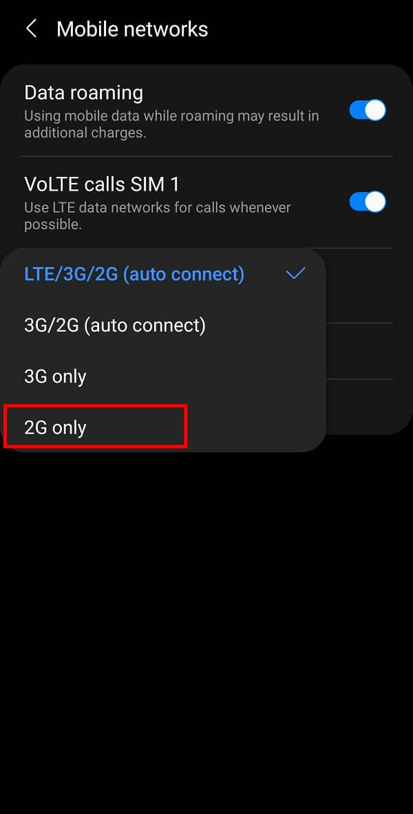 tap on the 2G only option.  | Fix “Emergency Calls Only and No Service” Issue on Android