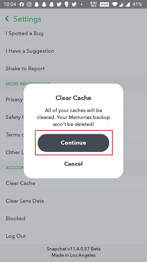 tap on the Continue button to delete all cache files.