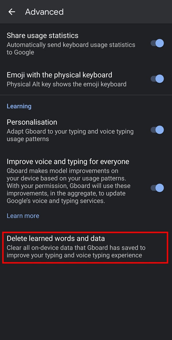 tap on the Delete learned words and data option.