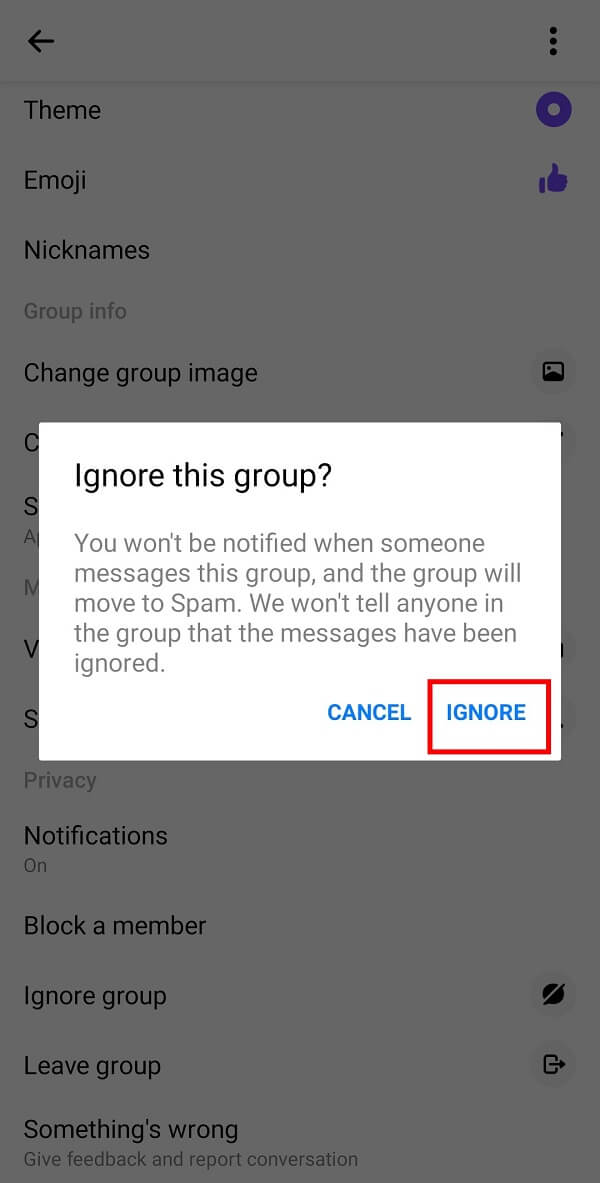 tap on the Ignore button to hide group notifications | How to Leave a Group Chat in Facebook Messenger