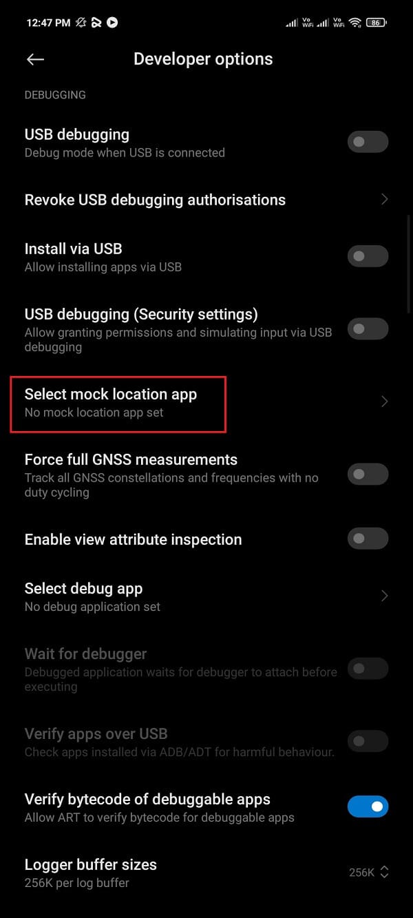 tap on the “Select mock location app” option.