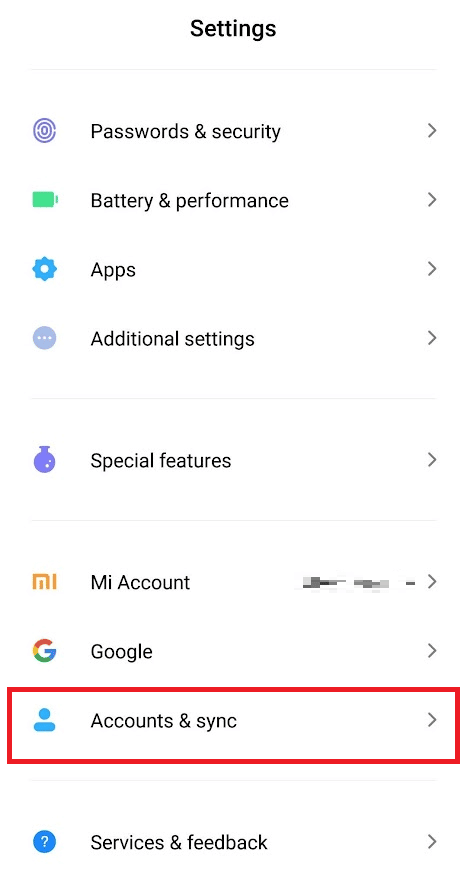 Tap on the Account and sync option 