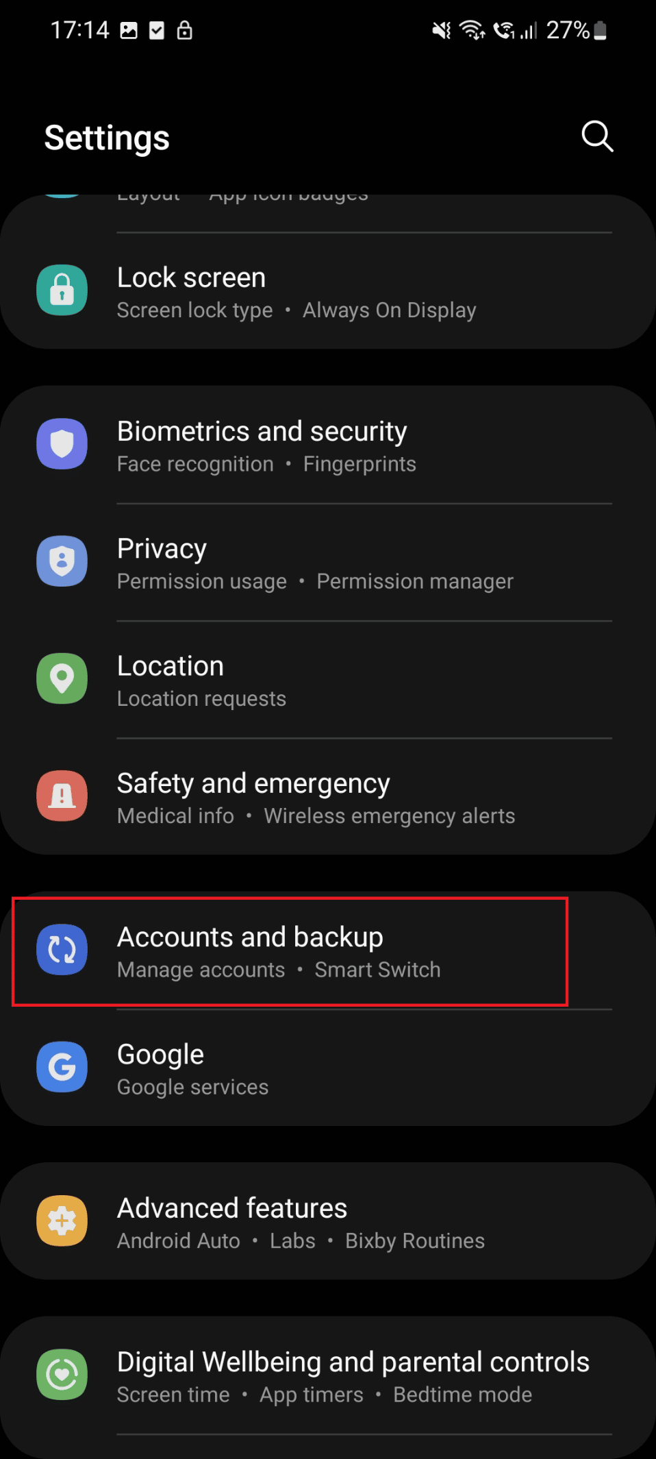 tap on the Accounts and backup option