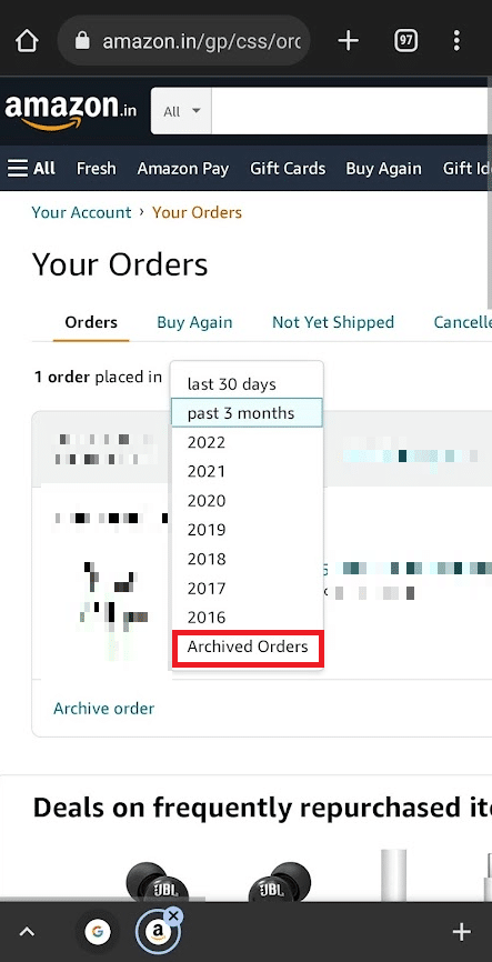 tap on the Archived Orders option from the bottom | How to Archive Orders on Amazon App 