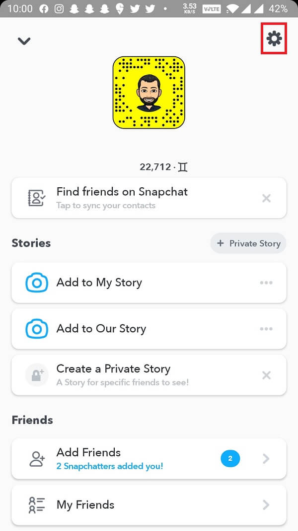 коснитесь значка настроек шестеренки, который появляется в другом углу, чтобы получить доступ к настройкам Snapchat.