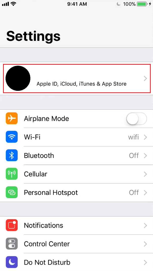 tap on the Apple ID icloud profile in settings iphone