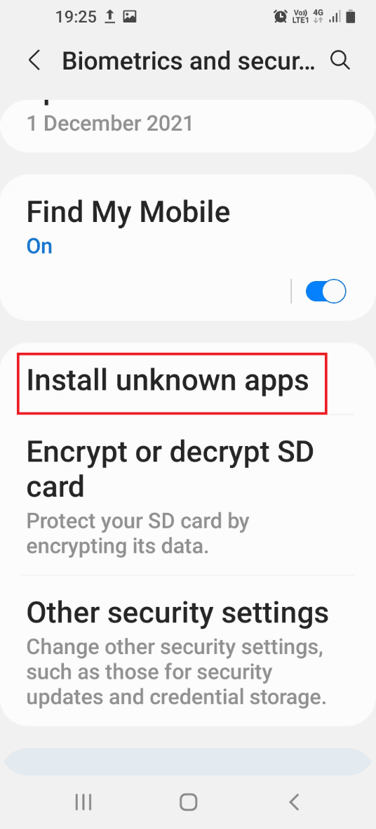 Appuyez sur l'option Installer des applications inconnues dans la section Sécurité