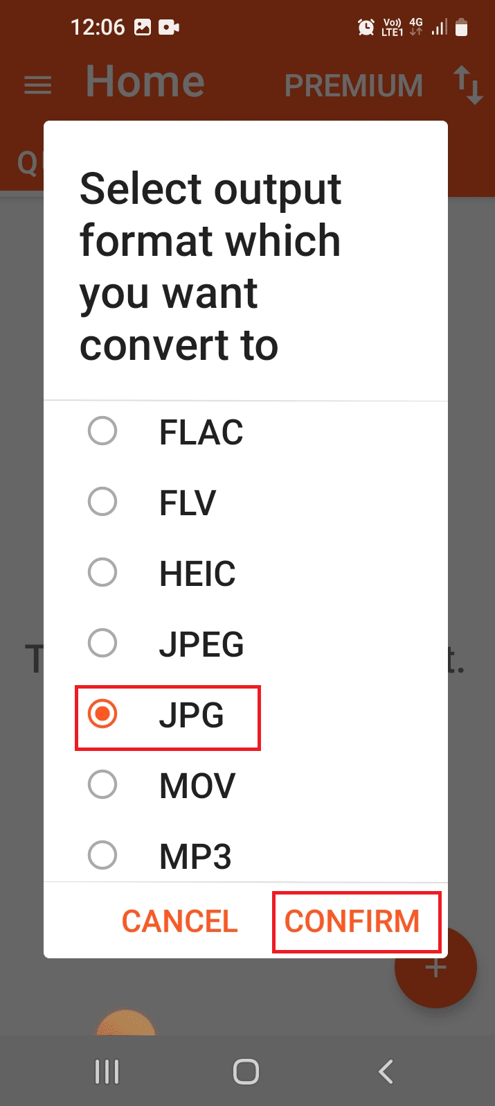 Tap on the JPG option in the list and tap on the CONFIRM option