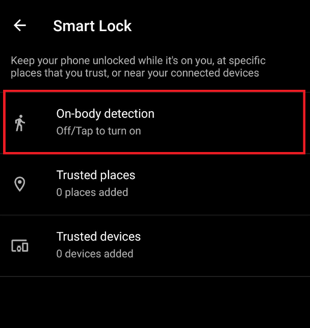 tap on the On body detection option