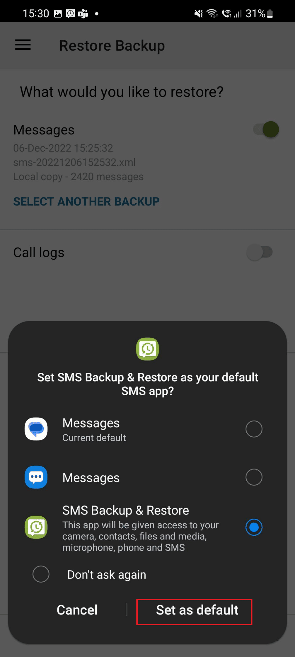 tap on the Set as default application