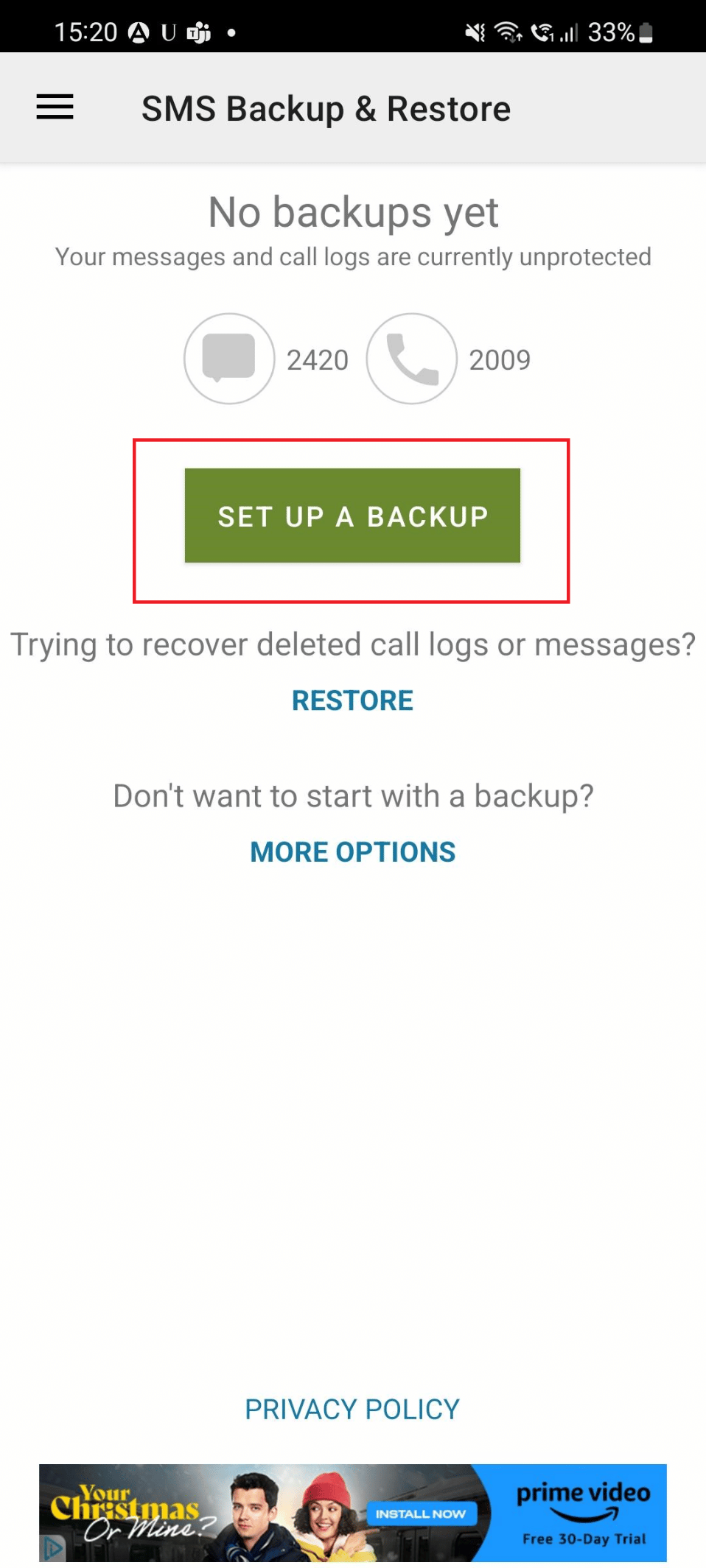 Tippen Sie auf die Option „Backup einrichten“.