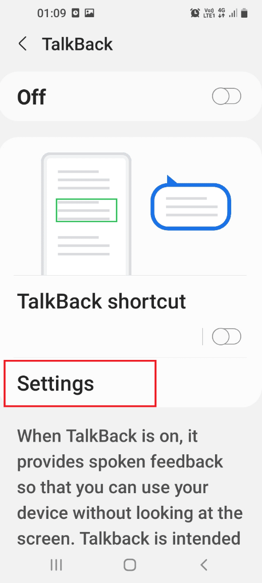 Tap on the Settings tab on the screen to open the TalkBack settings screen