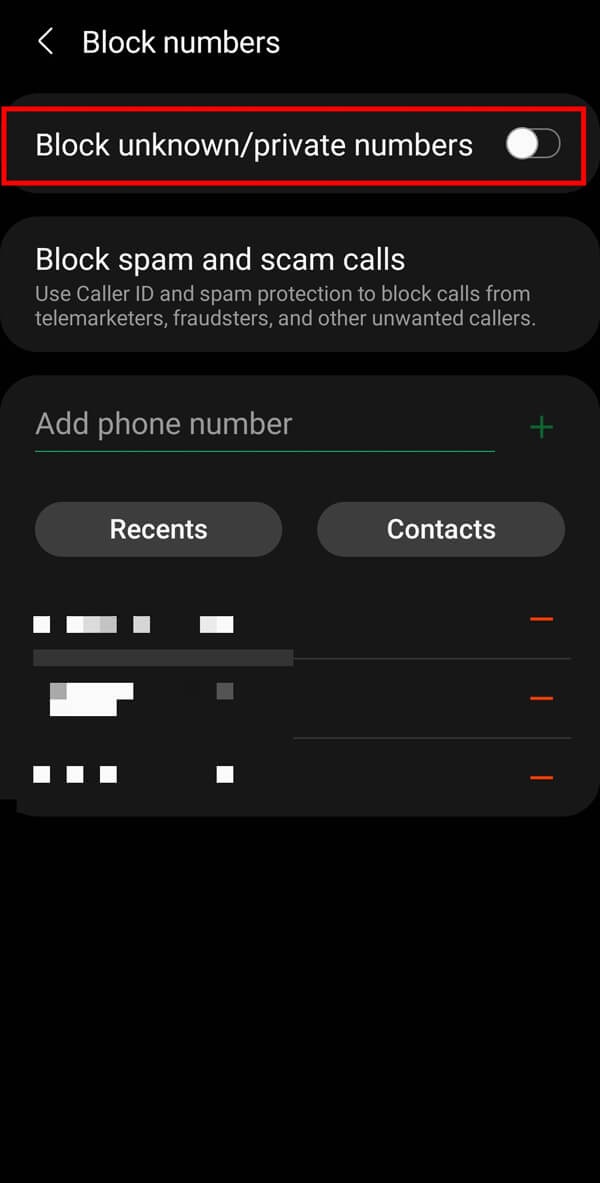 tap on the switch adjacent to Block unknownprivate numbers to stop receiving calls from private numbers