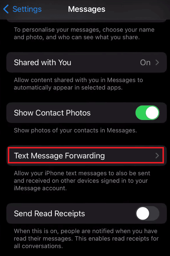 Tap on the Text Message Forwarding option