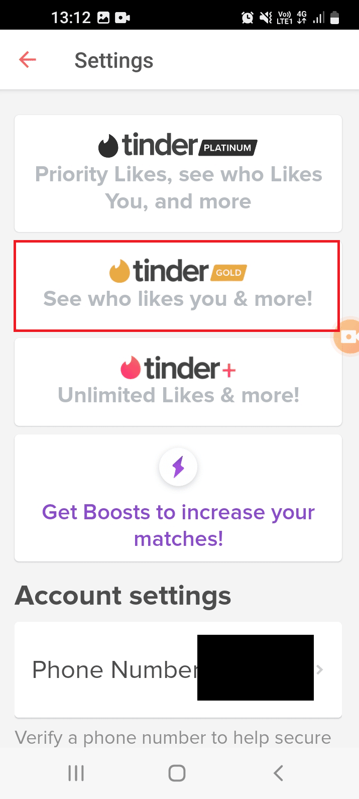 Tap on the tinder GOLD option