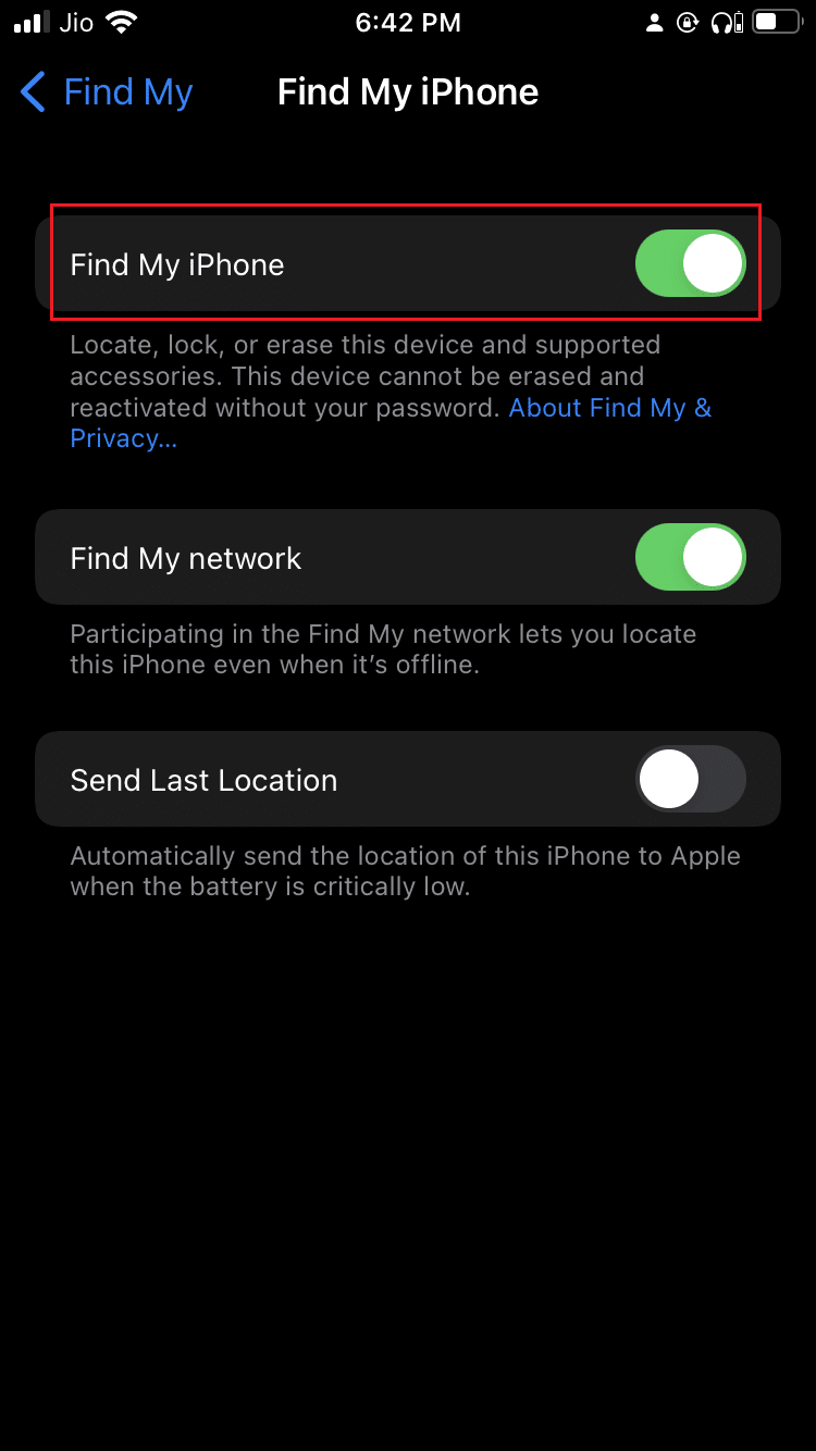 tap on the toggle for Find My iPhone to turn it Off or On