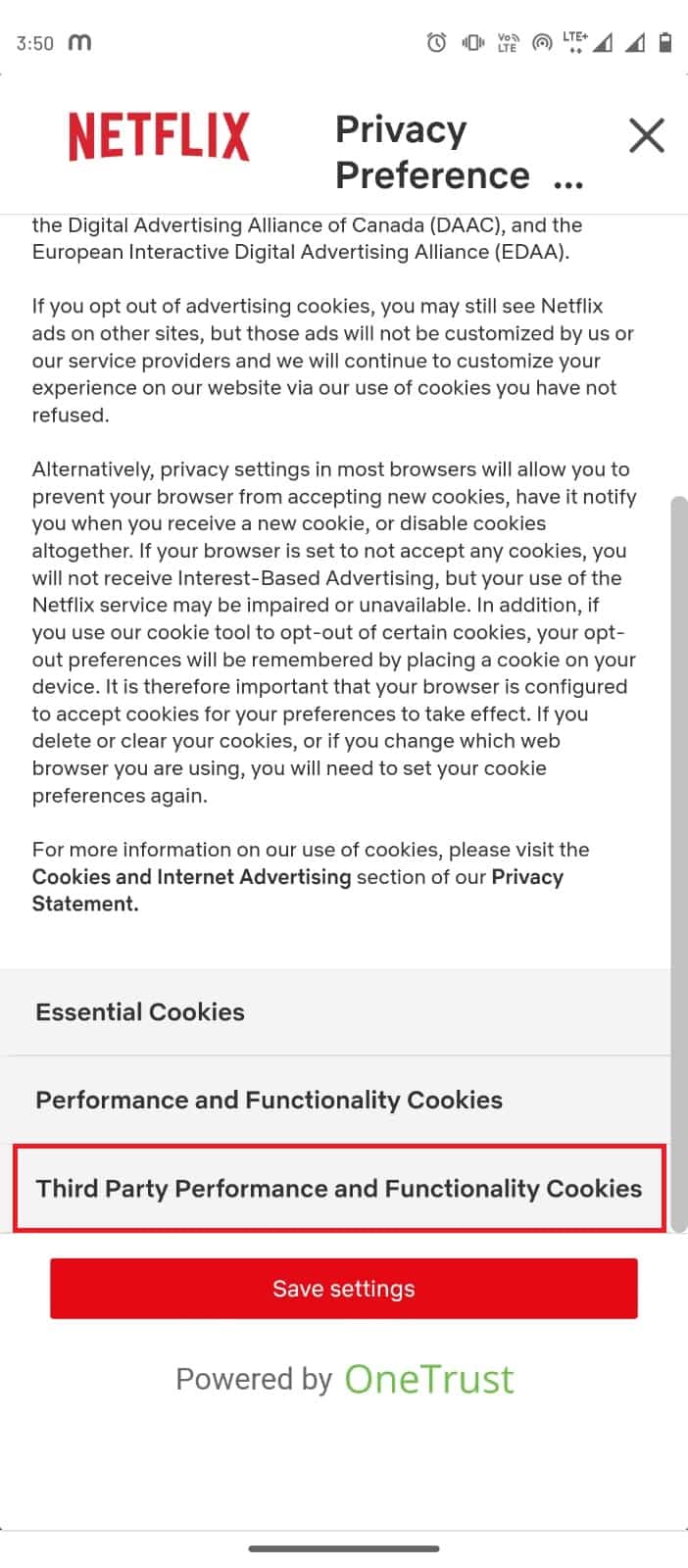 Tap on Third Party Performance and Functionality Cookies