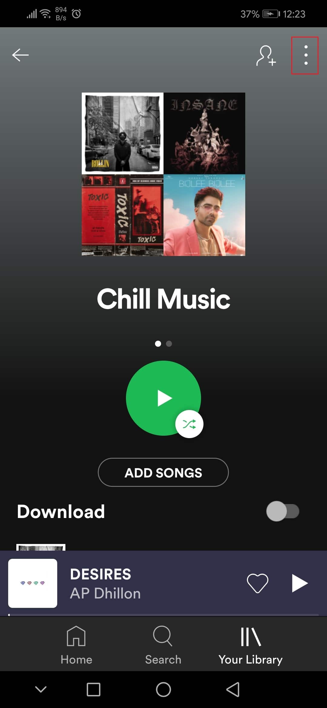 tap on three dots icon in your Spotify playlist Honor play android app