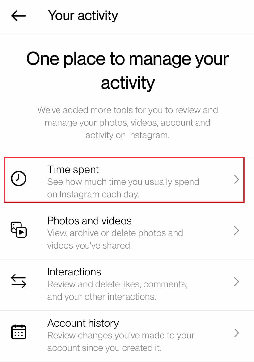 tap on Time spent. Fix Instagram Feedback Required Login Error
