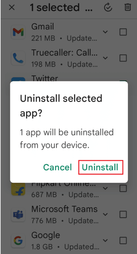 tap on uninstall option uninstall selected app google play store