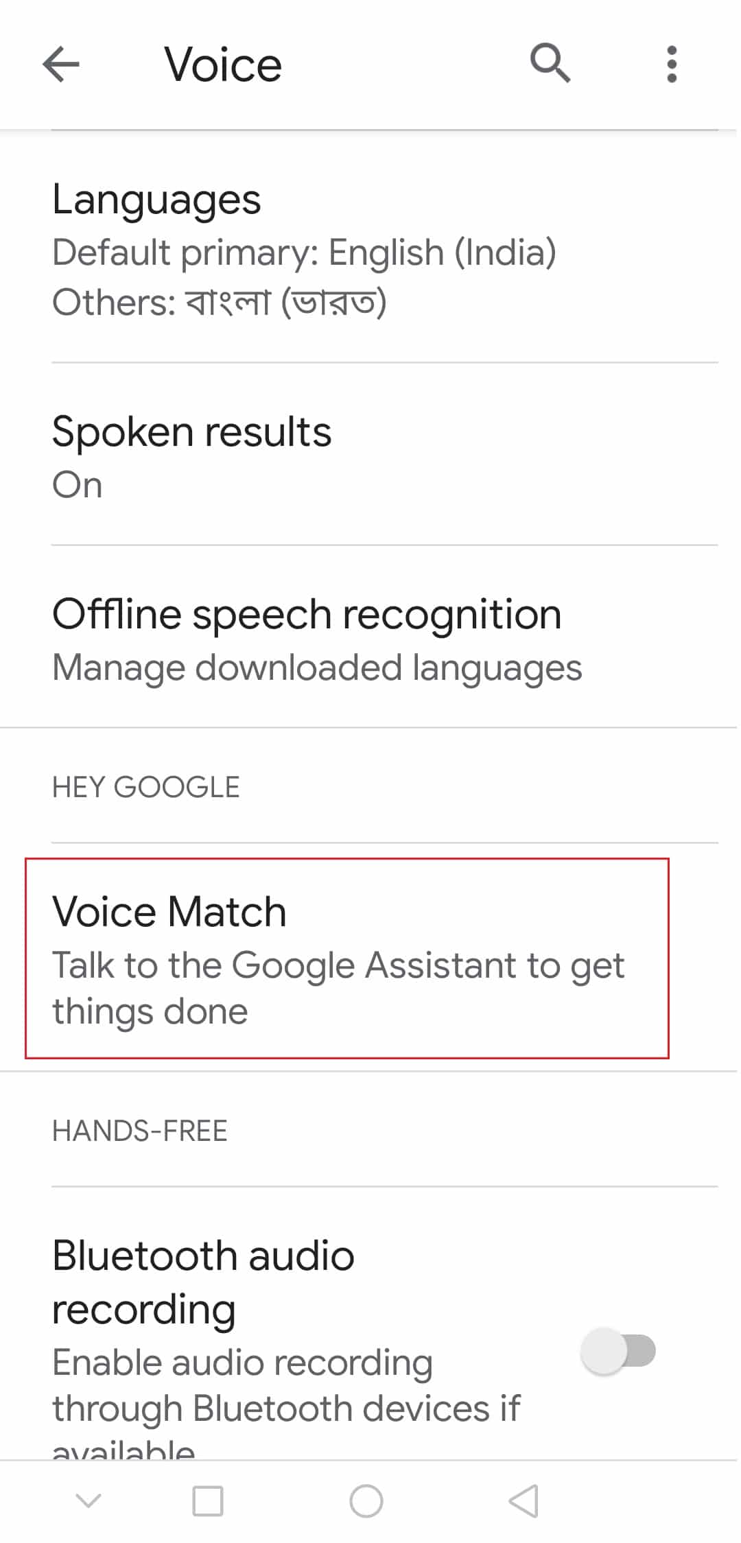 „Android“ „Google“ balso nustatymuose bakstelėkite balso atitikties parinktį