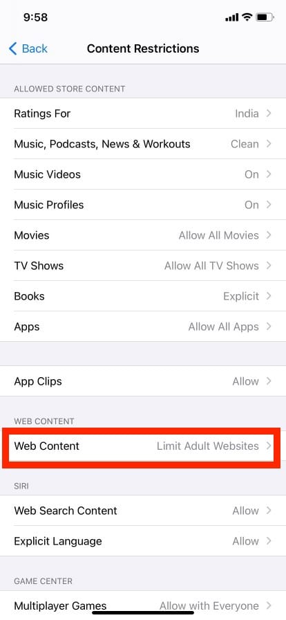 tap on web content option