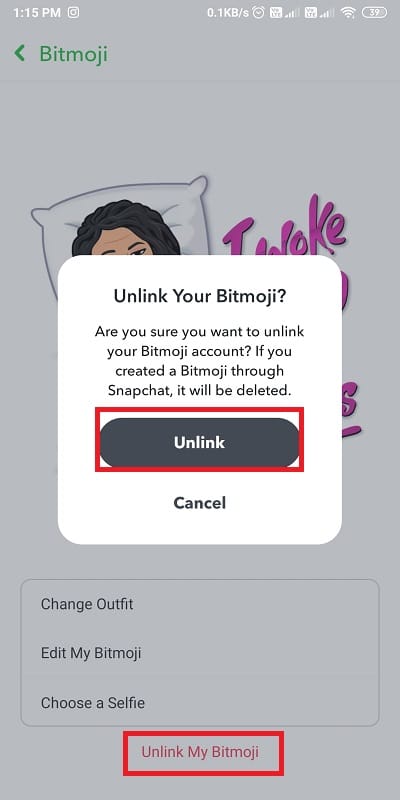 tap on ‘Unlink my bitmoji’ to remove your bitmoji avatar | How To Change Bitmoji Selfie On Snapchat