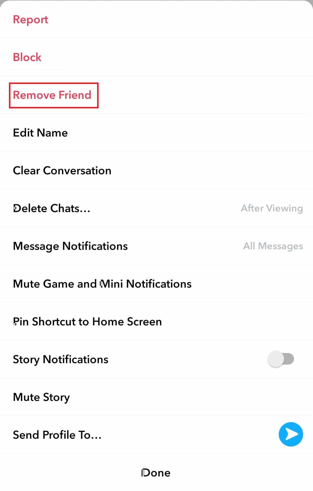 Tap Remove Friend | Snapchat won’t load snaps or stories