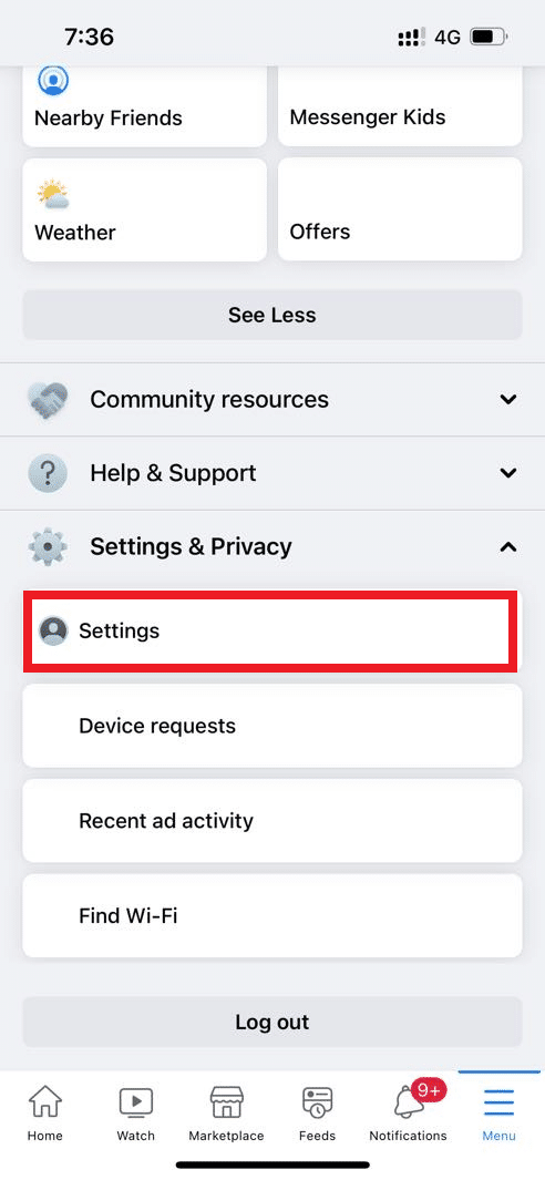 Tap Settings. Fix Facebook Marketplace Not Working