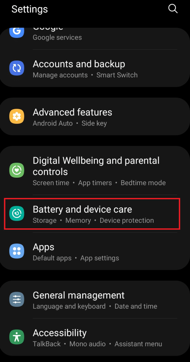 Tap the Battery and device option in phone Settings | fix Snapchat won’t load stories