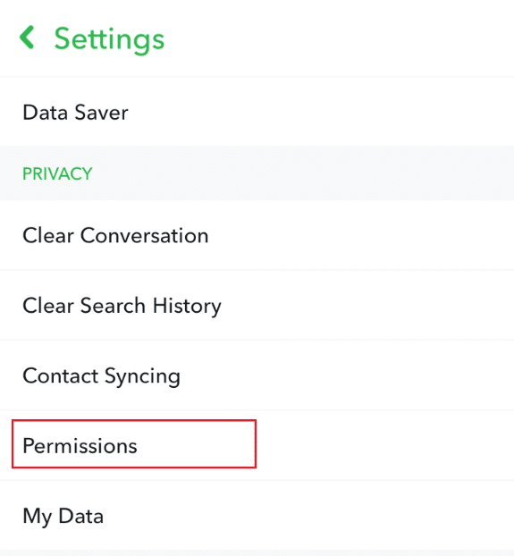 Tap the Permissions option on the Snapchat Settings