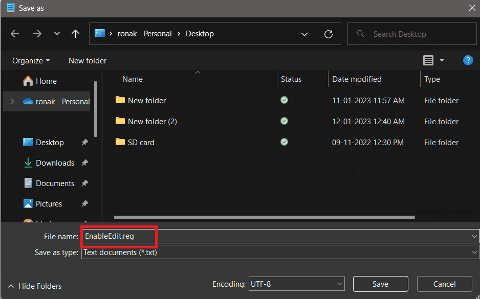 the file being saved in (.reg) format in desktop. how to enable regedit