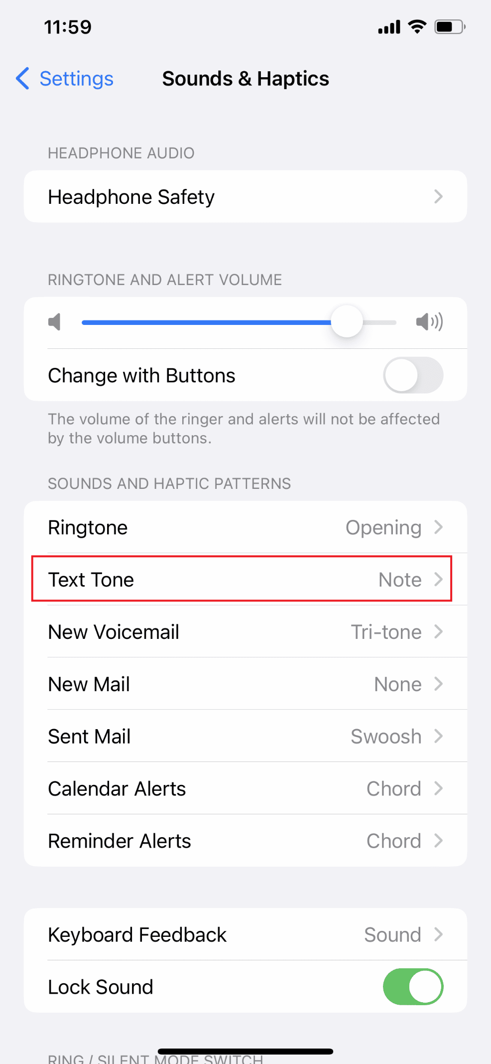 ထို့နောက် Text Tone | ကိုရွေးပါ။ ကျွန်ုပ်၏သတိပေးချက်များသည် အဘယ်ကြောင့် iPhone တွင် အသံမထွက်သနည်း။