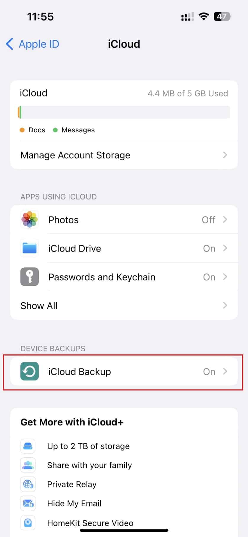 Quindi tocca Backup iCloud. | Come recuperare i messaggi di testo eliminati su iPhone 11