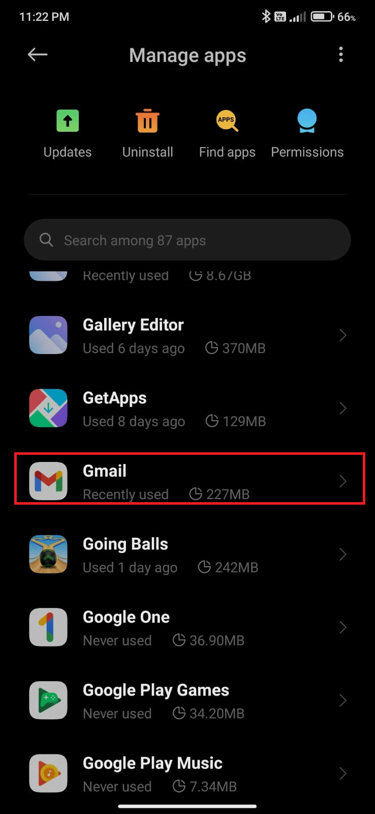 Then, tap on Manage apps and then Gmail 
