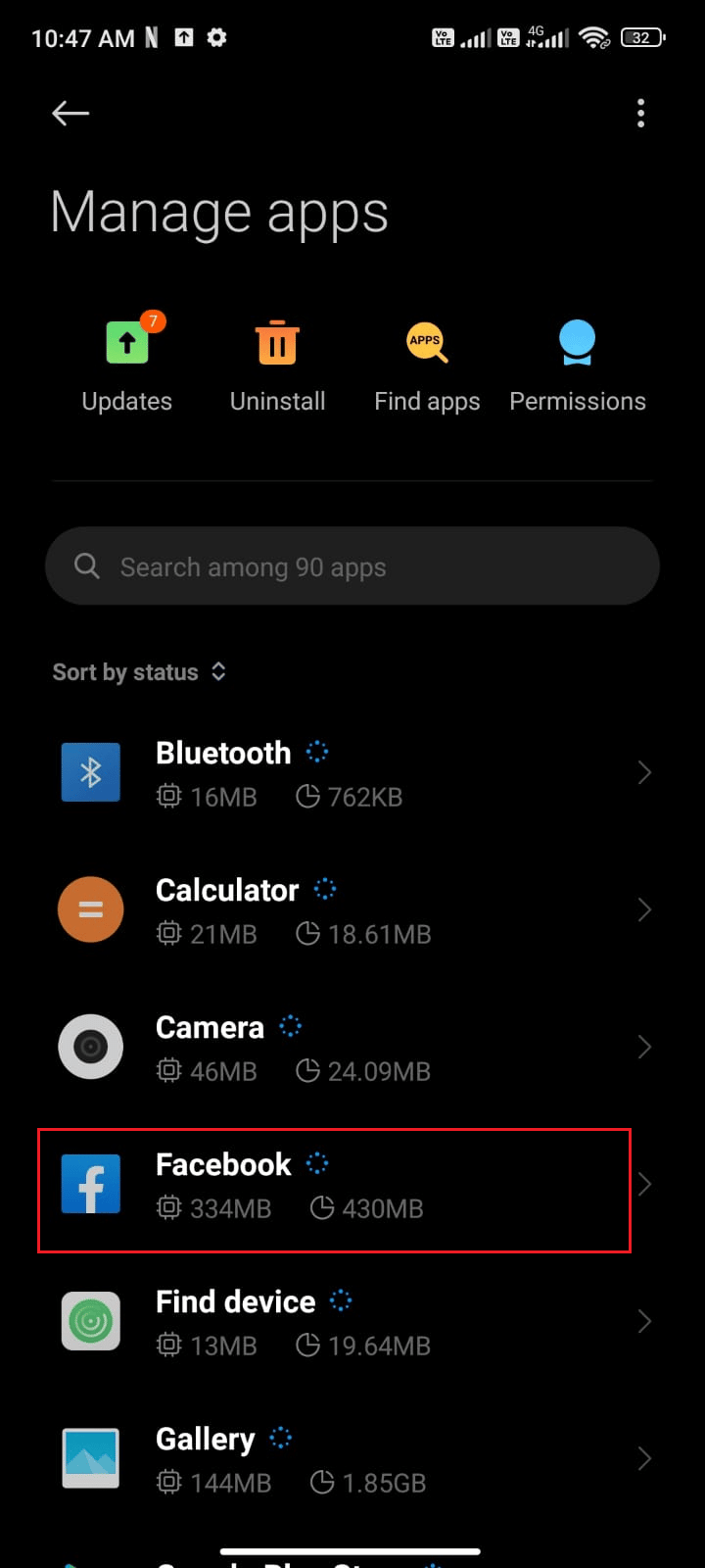 tap on Manage apps followed by Facebook 
