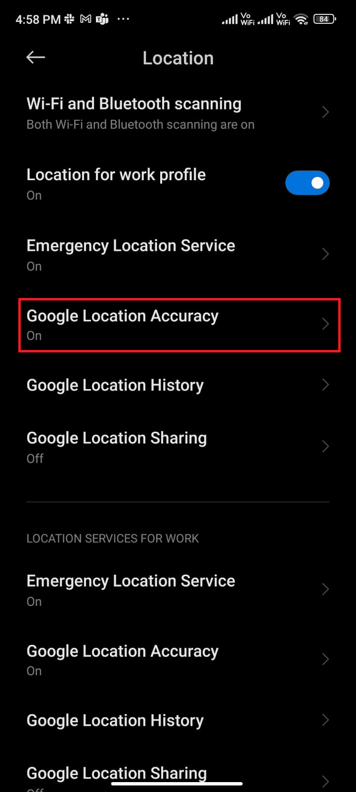 tap the Google Location Accuracy option
