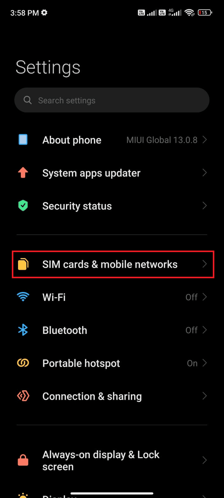 toque na opção de redes móveis de cartões SIM