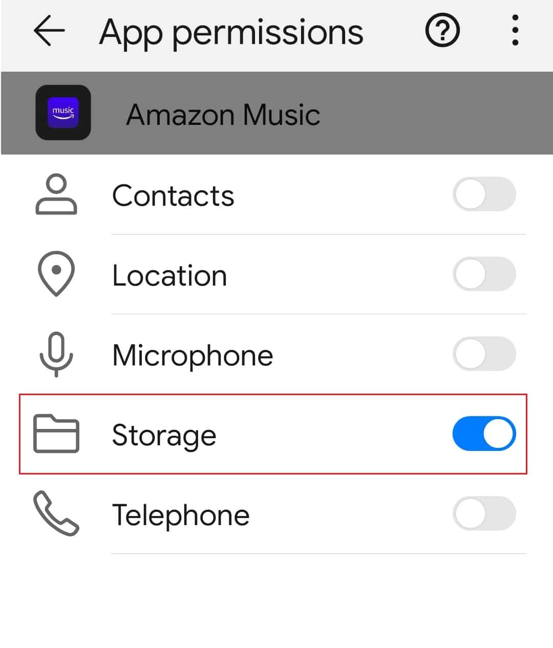 переключить разрешение на хранение в приложении Amazon Music