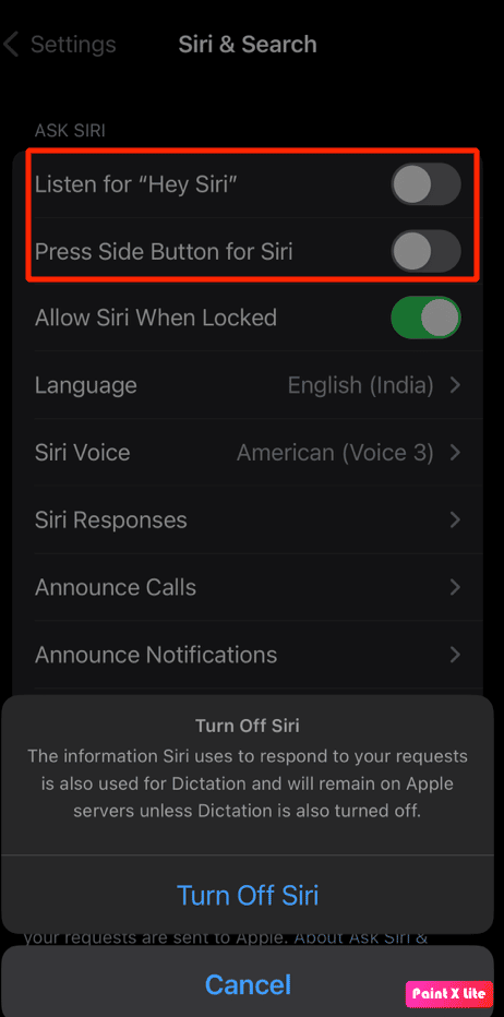 toggle off listen for hey siri and press side button for siri slider | how to reset Siri on iPhone 12