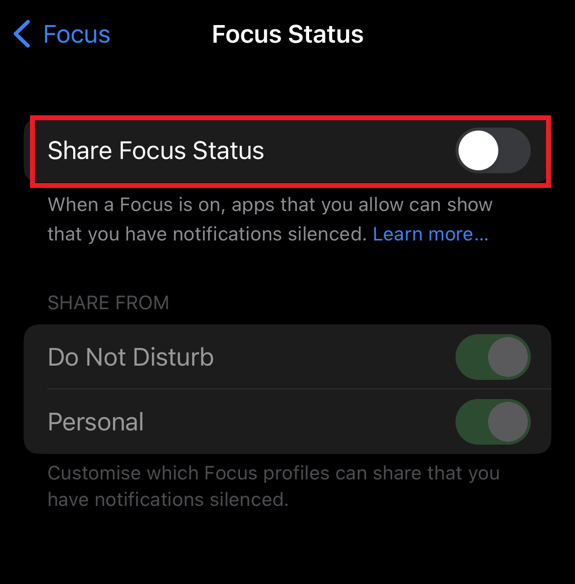 Toggle off Share Focus Status