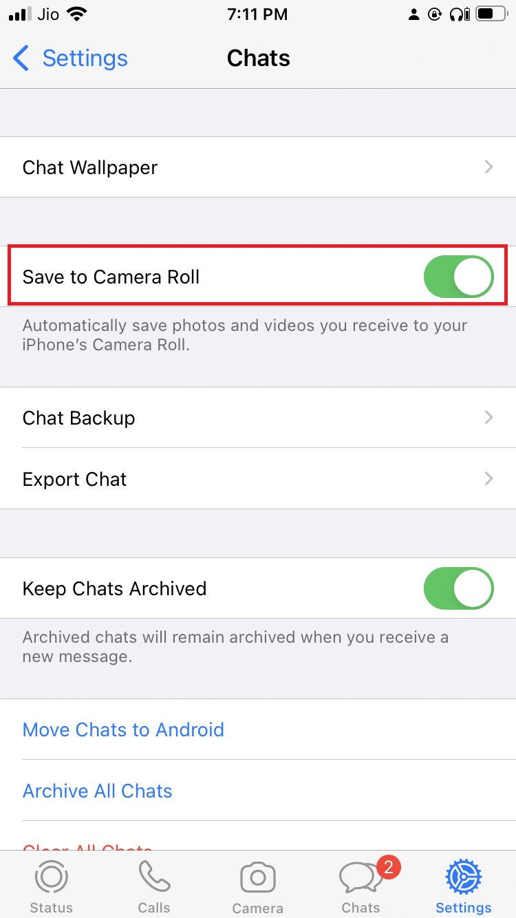 Toggle off the Save to Camera Roll. How to Stop Auto Download in WhatsApp