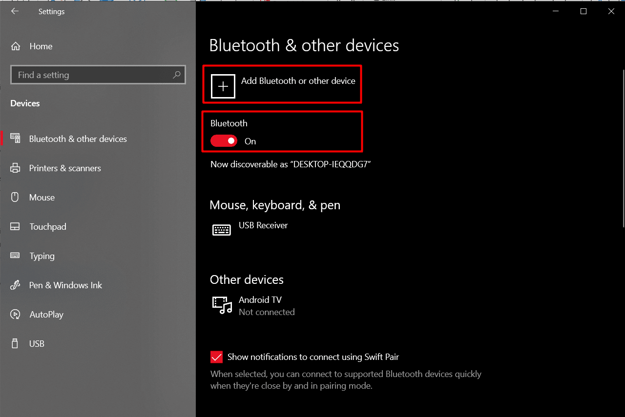 Toggle on Bluetooth and then click on Add Bluetooth or other device | How to Fix Magic Mouse Not Connecting on Windows 10